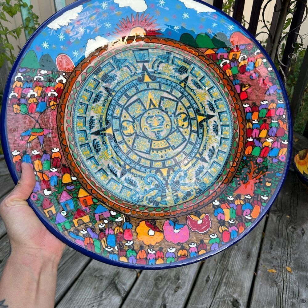 Mexican Folk Art Plate Terracotta Pottery Wall Hanging Hand Painted 16” - Picture 16 of 16